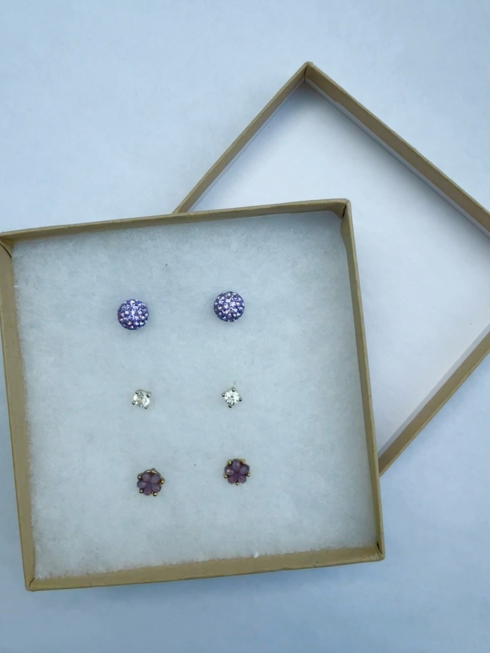 Lavender and Crystal Earrings - Ball, Diamond, and Flower - Pack of 3